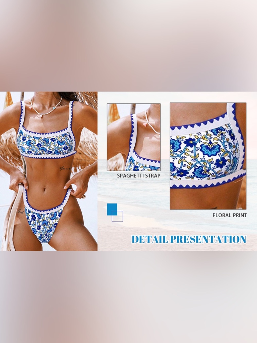 Blue & White Floral Bikini Top and Bottom with Scalloped Trim